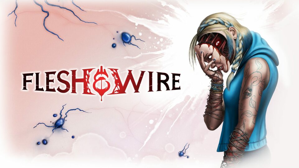 Key art officiel de Flesh & Wire avec Angel et le logo du jeu