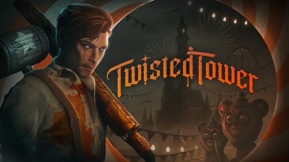 Key art officiel de Twisted Tower avec le protagoniste et le logo du jeu