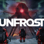 Key art du jeu UNFROST avec trois explorateurs face à une créature géante en Antarctique