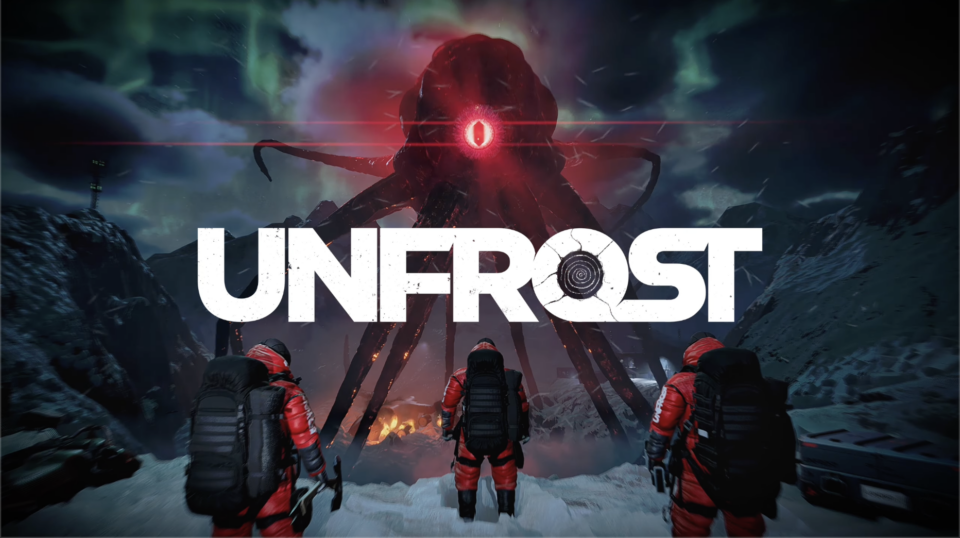 Key art du jeu UNFROST avec trois explorateurs face à une créature géante en Antarctique