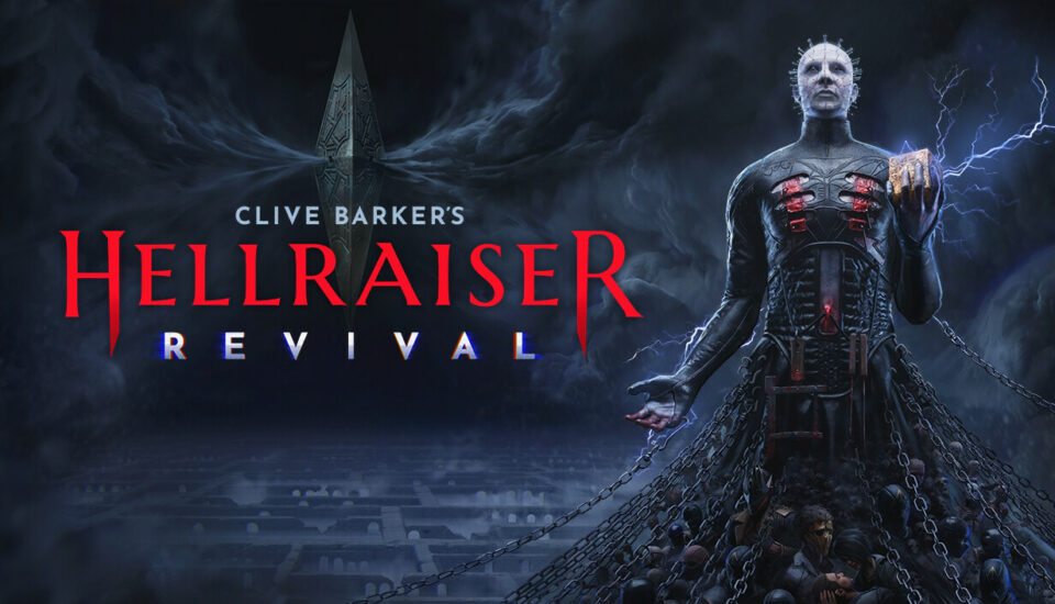 Illustration officielle de Clive Barker’s Hellraiser: Revival : Pinhead tenant la boîte, avec le logo du jeu
