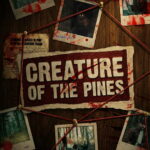 Affiche du film Creature of the Pines avec ses photos et coupures de presse reliées par des fils rouges