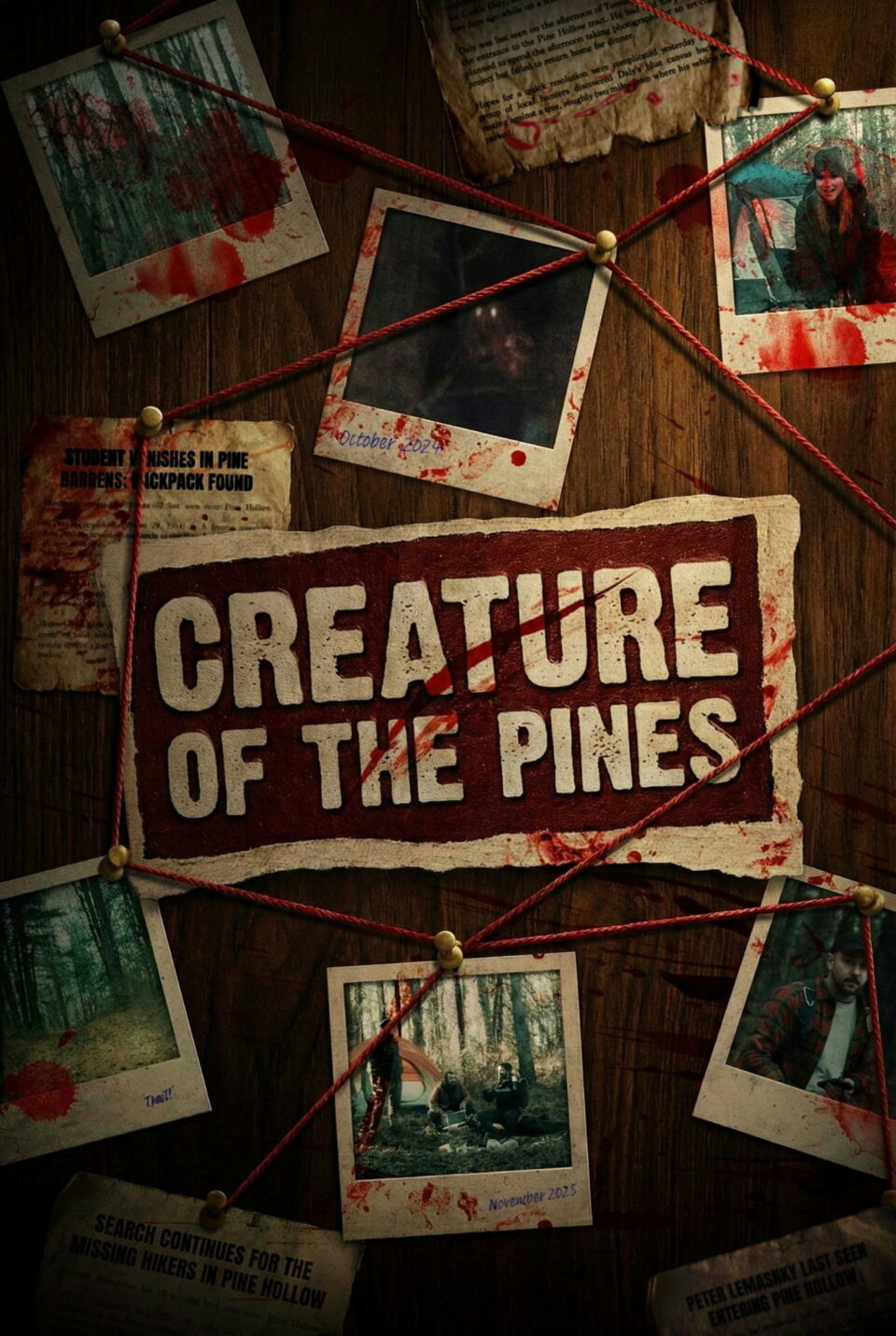 Affiche du film Creature of the Pines avec ses photos et coupures de presse reliées par des fils rouges