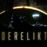 Illustration officielle de DERELIKT : une station spatiale devant l’horizon de Saturne, avec le titre du jeu