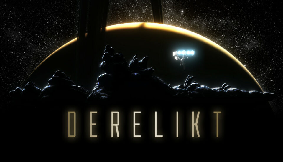 Illustration officielle de DERELIKT : une station spatiale devant l’horizon de Saturne, avec le titre du jeu