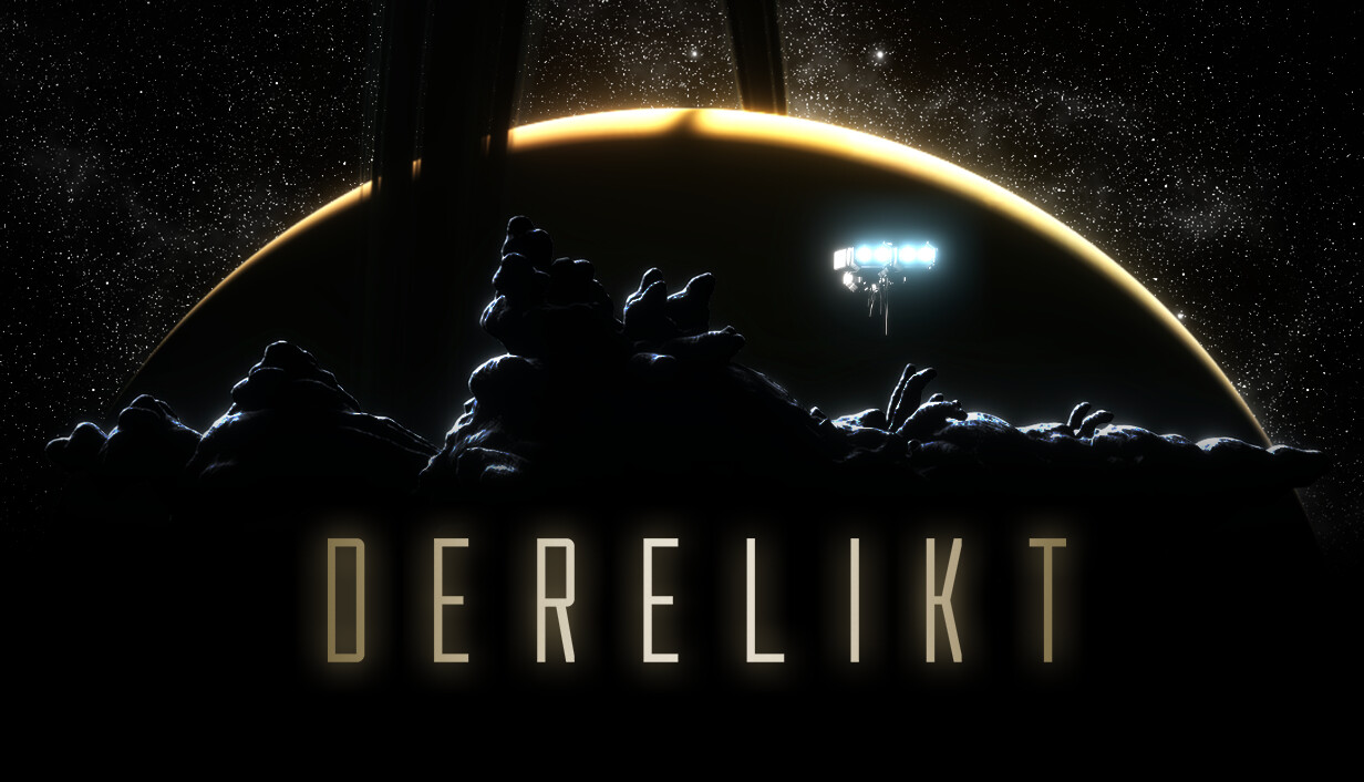 Illustration officielle de DERELIKT : une station spatiale devant l’horizon de Saturne, avec le titre du jeu