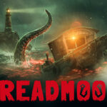 Illustration officielle de DREADMOOR : un chalutier battu par la tempête face à un tentacule géant près d'un phare, avec le titre en grand