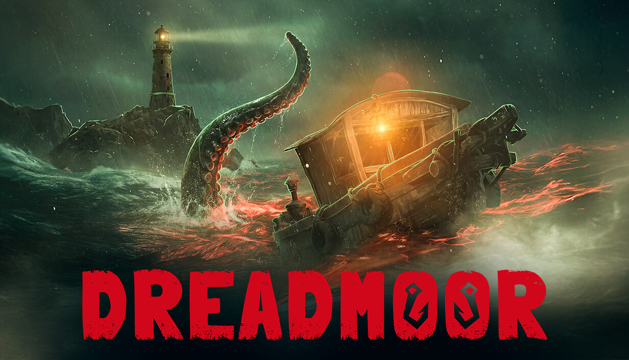 Illustration officielle de DREADMOOR : un chalutier battu par la tempête face à un tentacule géant près d'un phare, avec le titre en grand