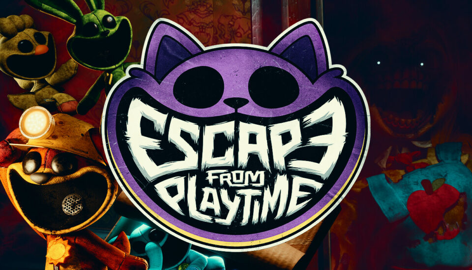 Illustration officielle de Escape From Playtime avec le logo du jeu et plusieurs Smiling Critters
