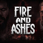 Visuel officiel de FIRE AND ASHES avec le titre en lettres de pierre entre deux visages sombres