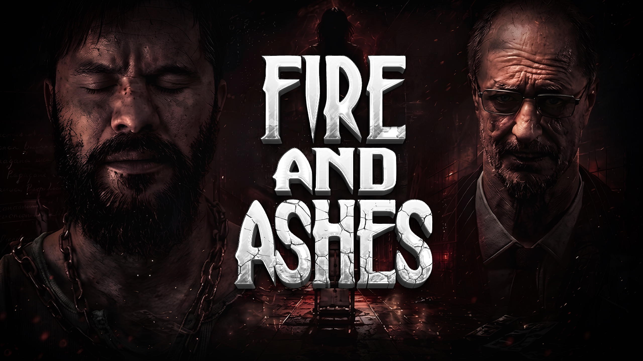 Visuel officiel de FIRE AND ASHES avec le titre en lettres de pierre entre deux visages sombres