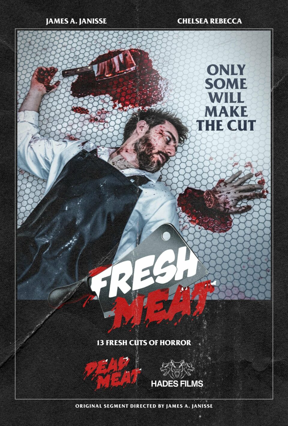 Affiche de Fresh Meat : un homme en tablier ensanglanté, main tranchée, avec le logo Dead Meat et Hades Films
