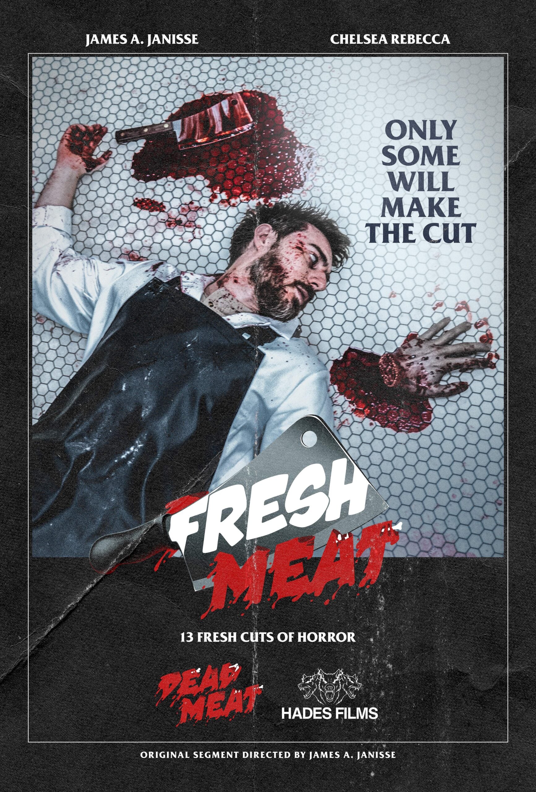 Affiche de Fresh Meat : un homme en tablier ensanglanté, main tranchée, avec le logo Dead Meat et Hades Films