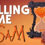 Carte titre de Killing Time with Sam avec Sam allongé devant un sablier rempli de bonbons d’Halloween