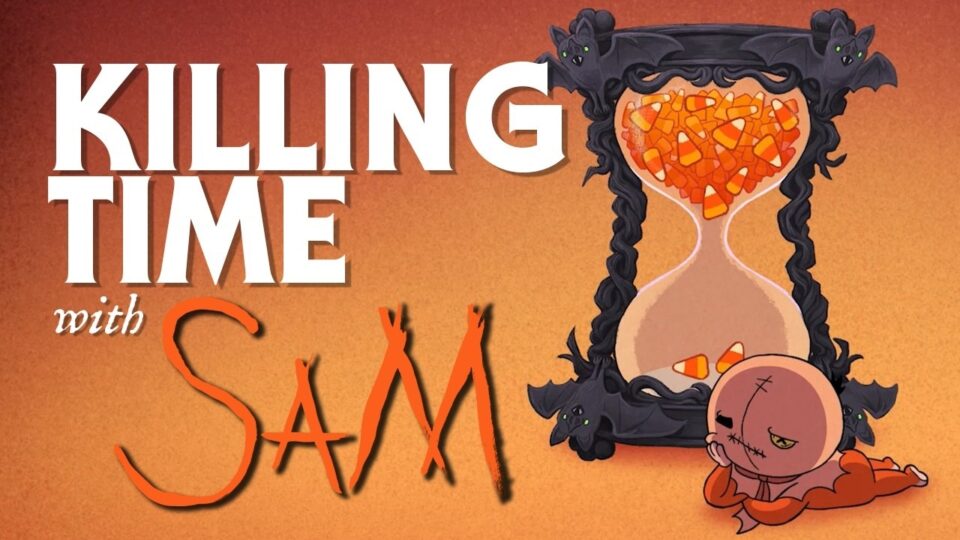 Carte titre de Killing Time with Sam avec Sam allongé devant un sablier rempli de bonbons d’Halloween