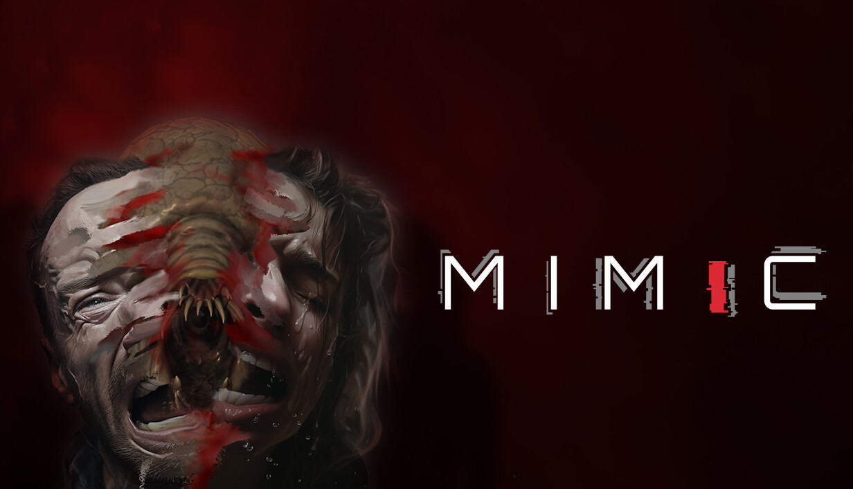 Illustration officielle de Mimic : un visage humain déformé par une créature, avec le logo du jeu