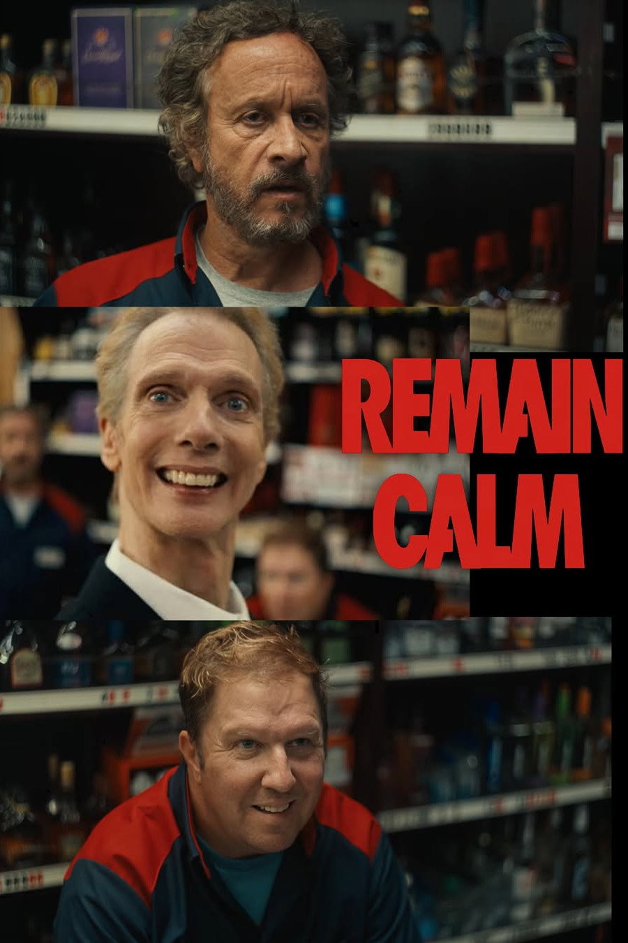 Affiche de Remain Calm avec Pauly Shore, Nick Swardson et Doug Jones dans un magasin, le titre en rouge