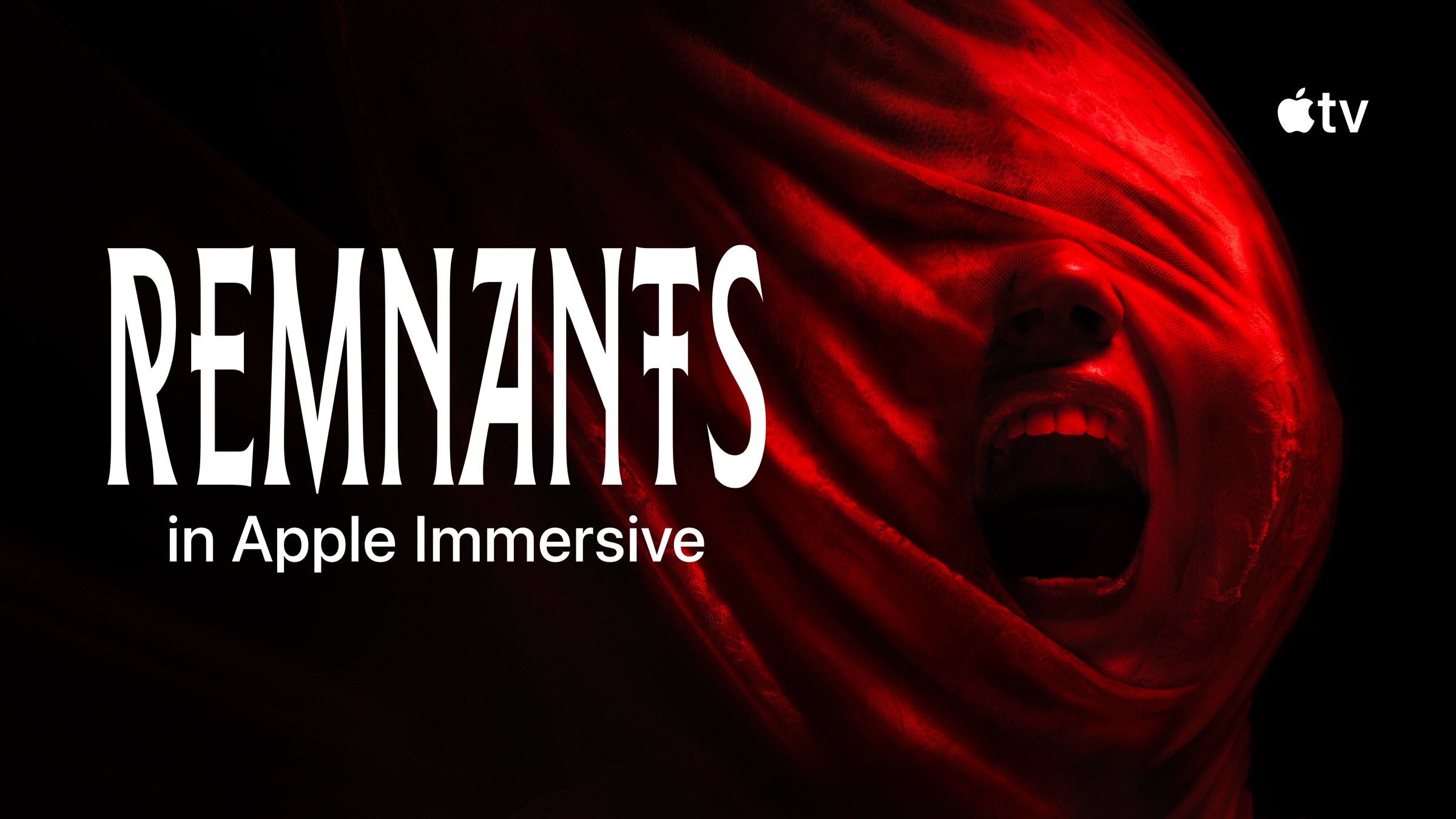 Visuel officiel de Remnants avec le titre en lettres blanches et une femme au visage recouvert d’un voile rouge qui hurle, en Apple Immersive