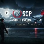 Illustration officielle de SCP: Project Pneuma avec le logo du jeu, un survivant armé face à une installation de la Fondation SCP