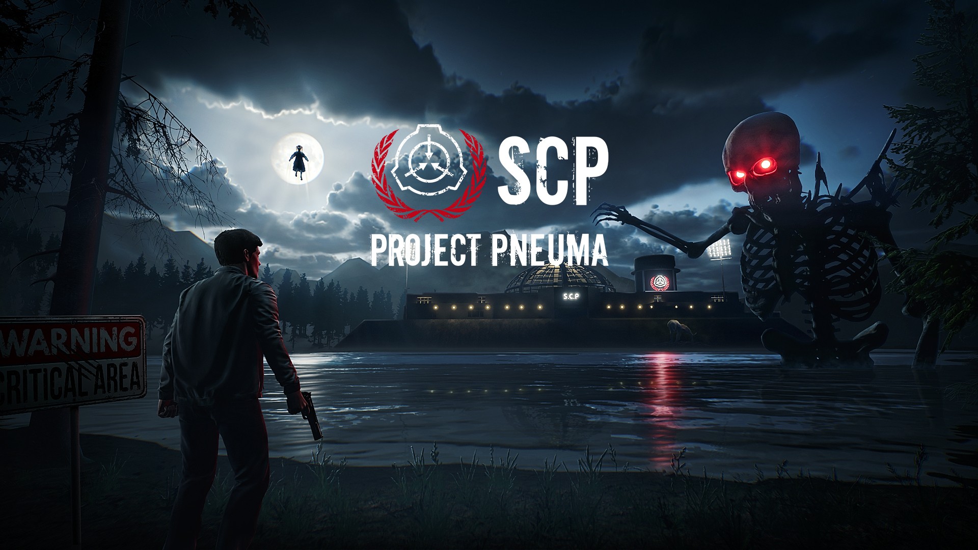 Illustration officielle de SCP: Project Pneuma avec le logo du jeu, un survivant armé face à une installation de la Fondation SCP