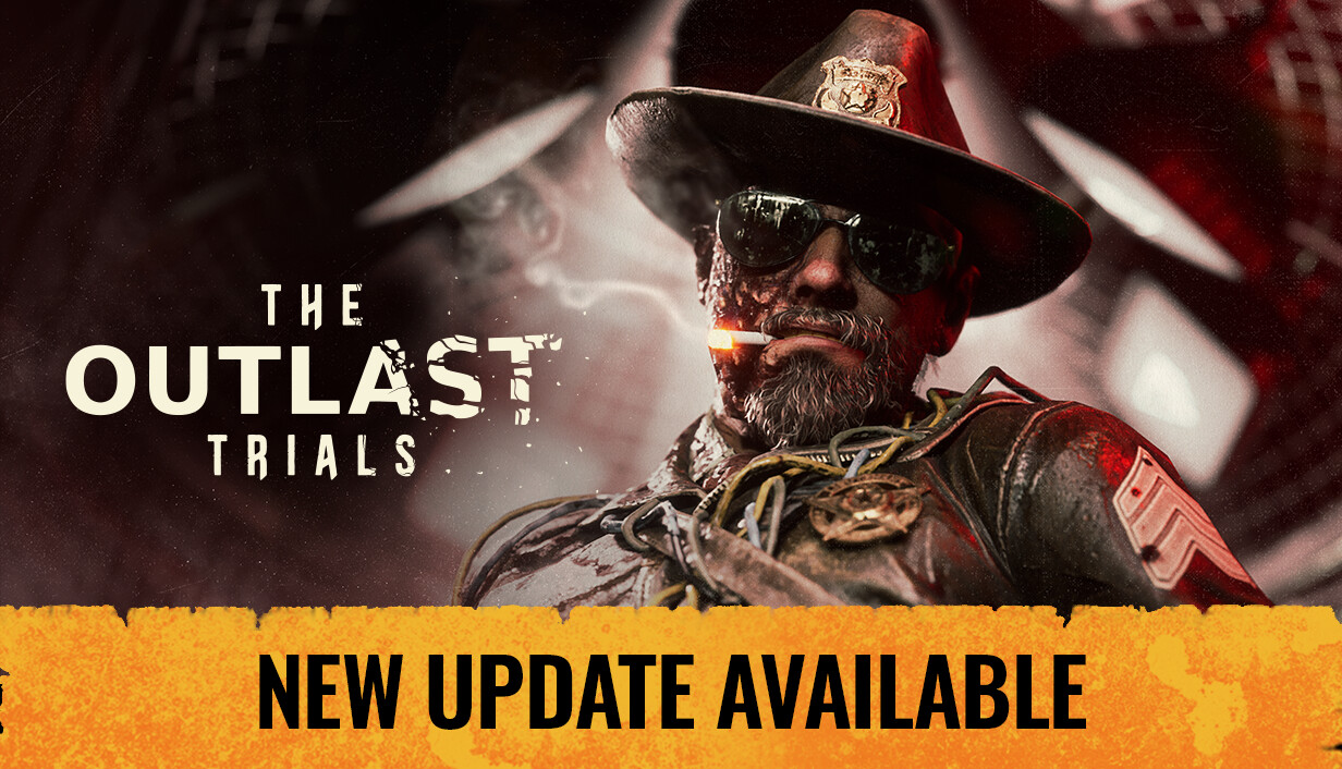 Illustration officielle de The Outlast Trials : le sergent Coyle, cigarette aux lèvres, avec le logo du jeu