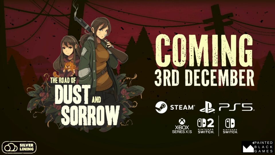Visuel officiel de The Road of Dust and Sorrow avec Katherine et sa fille Ava devant les plateformes et la date de sortie du 3 décembre