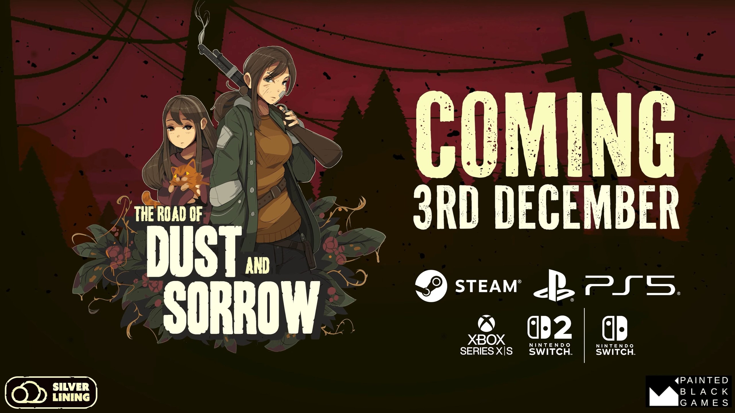 Visuel officiel de The Road of Dust and Sorrow avec Katherine et sa fille Ava devant les plateformes et la date de sortie du 3 décembre