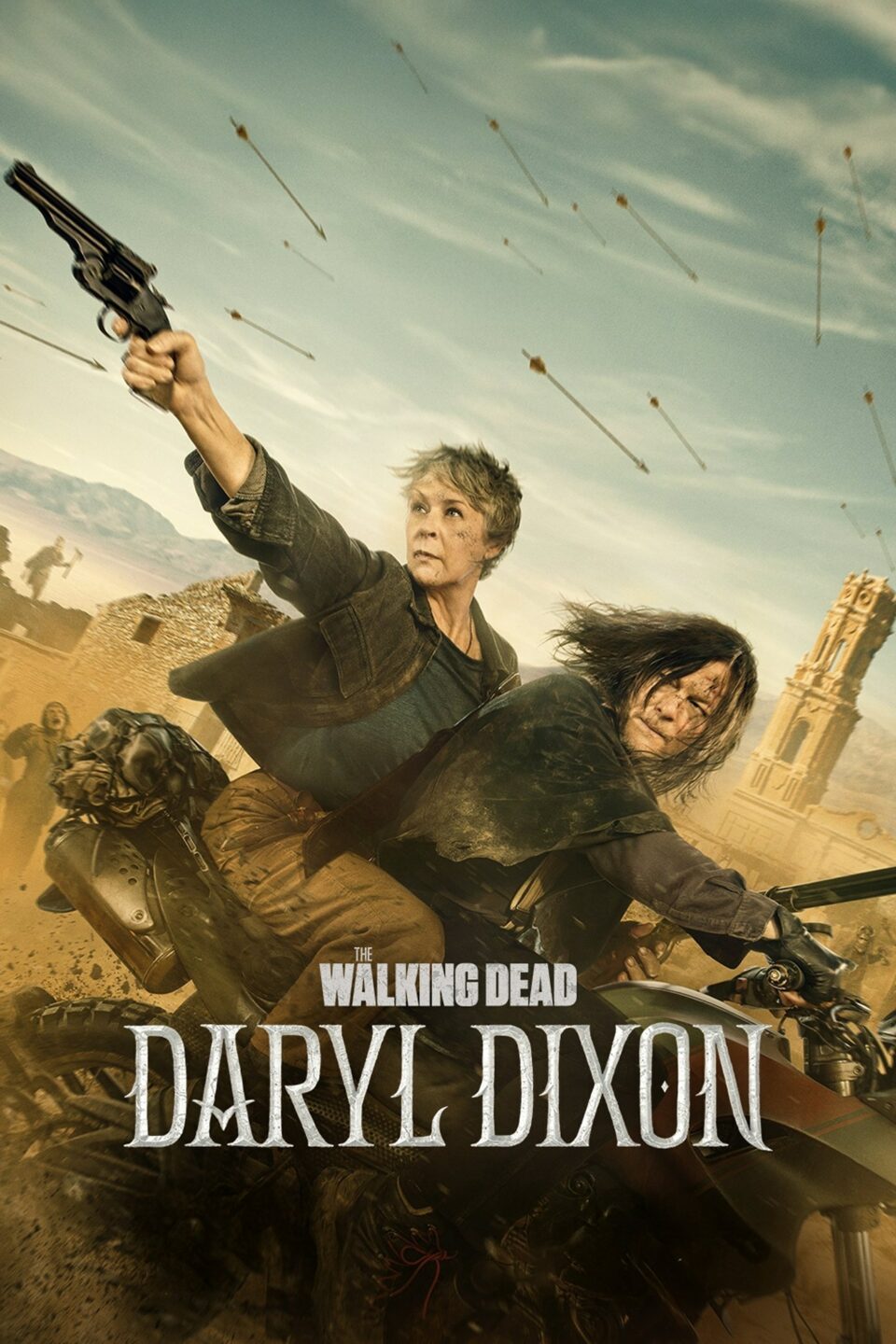Affiche officielle de The Walking Dead: Daryl Dixon avec Carol et Daryl armés devant les ruines d’un monument français