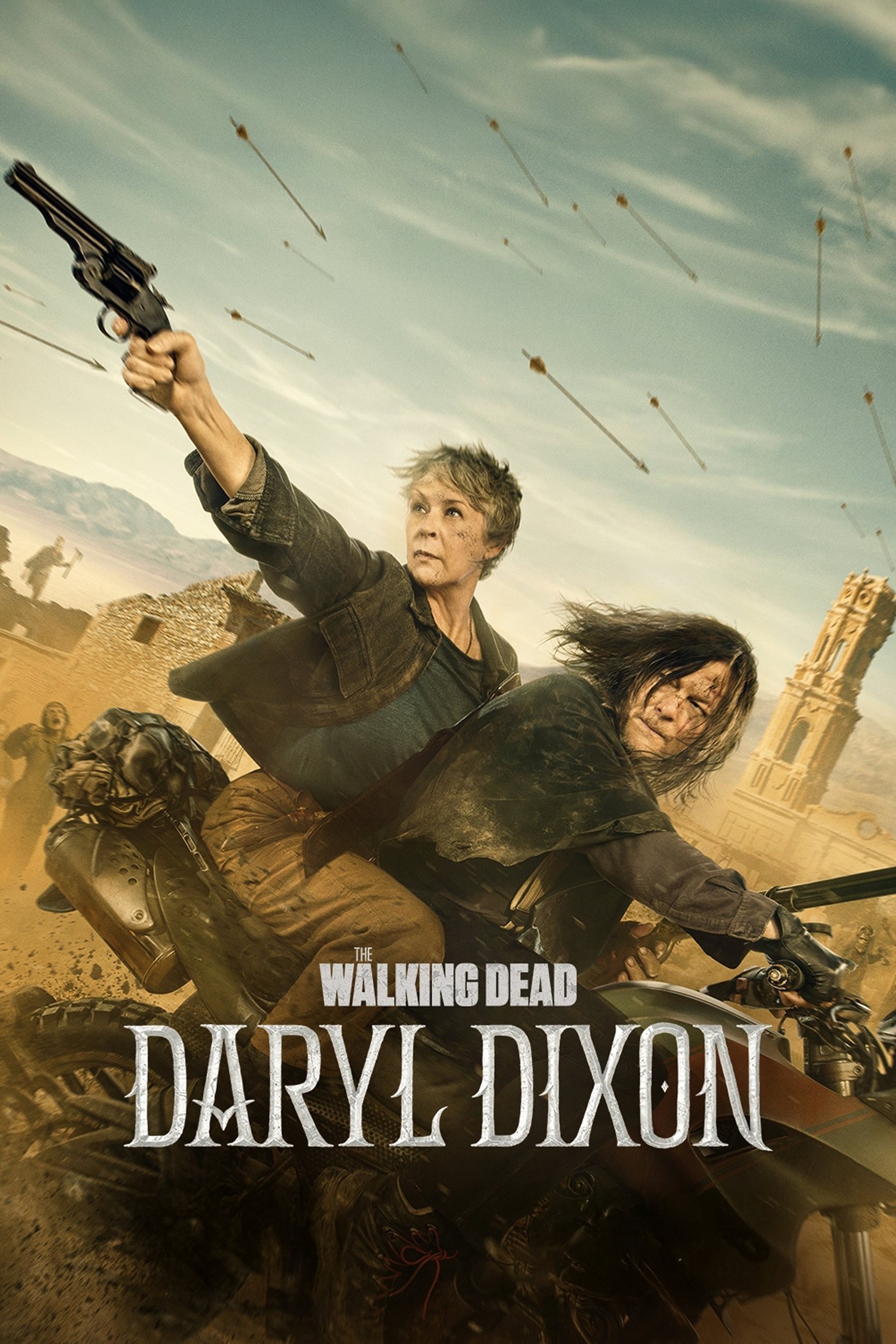 Affiche officielle de The Walking Dead: Daryl Dixon avec Carol et Daryl armés devant les ruines d’un monument français