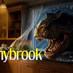 Illustration officielle de Welcome to Sunnybrook : un tyrannosaure fracasse la fenêtre d’une cuisine, avec le logo du jeu